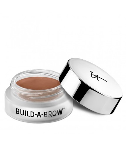 Small pot of eye brow tinted gel in the color ash brown